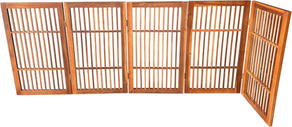 Freestanding Wooden Dog Gate Foldable Indoor Pet Gate No Drill Expandable Barrier for Doorways Stairs Hallways Portable Wood Fence for Small Dogs & Puppies (Brown Pet Gate, 4 Panel 24" Tall)