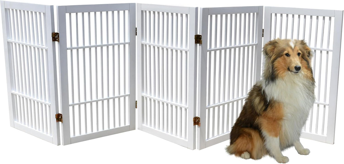Freestanding Wooden Dog Gate Foldable Indoor Pet Gate No Drill Expandable Barrier for Doorways Stairs Hallways Portable Wood Fence for Small Dogs & Puppies (Brown Pet Gate, 4 Panel 24" Tall)