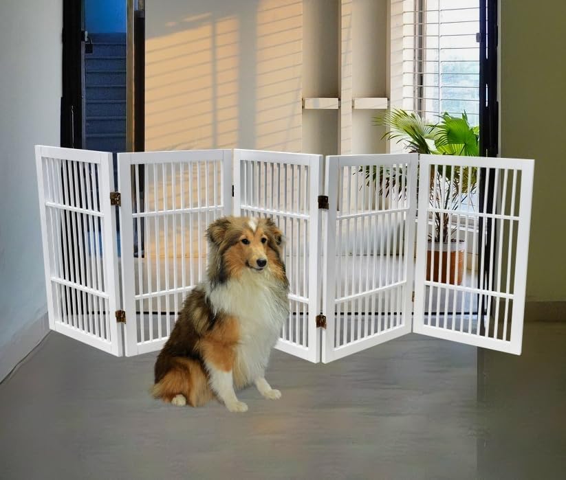Freestanding Wooden Dog Gate Foldable Indoor Pet Gate No Drill Expandable Barrier for Doorways Stairs Hallways Portable Wood Fence for Small Dogs & Puppies (Brown Pet Gate, 4 Panel 24" Tall)