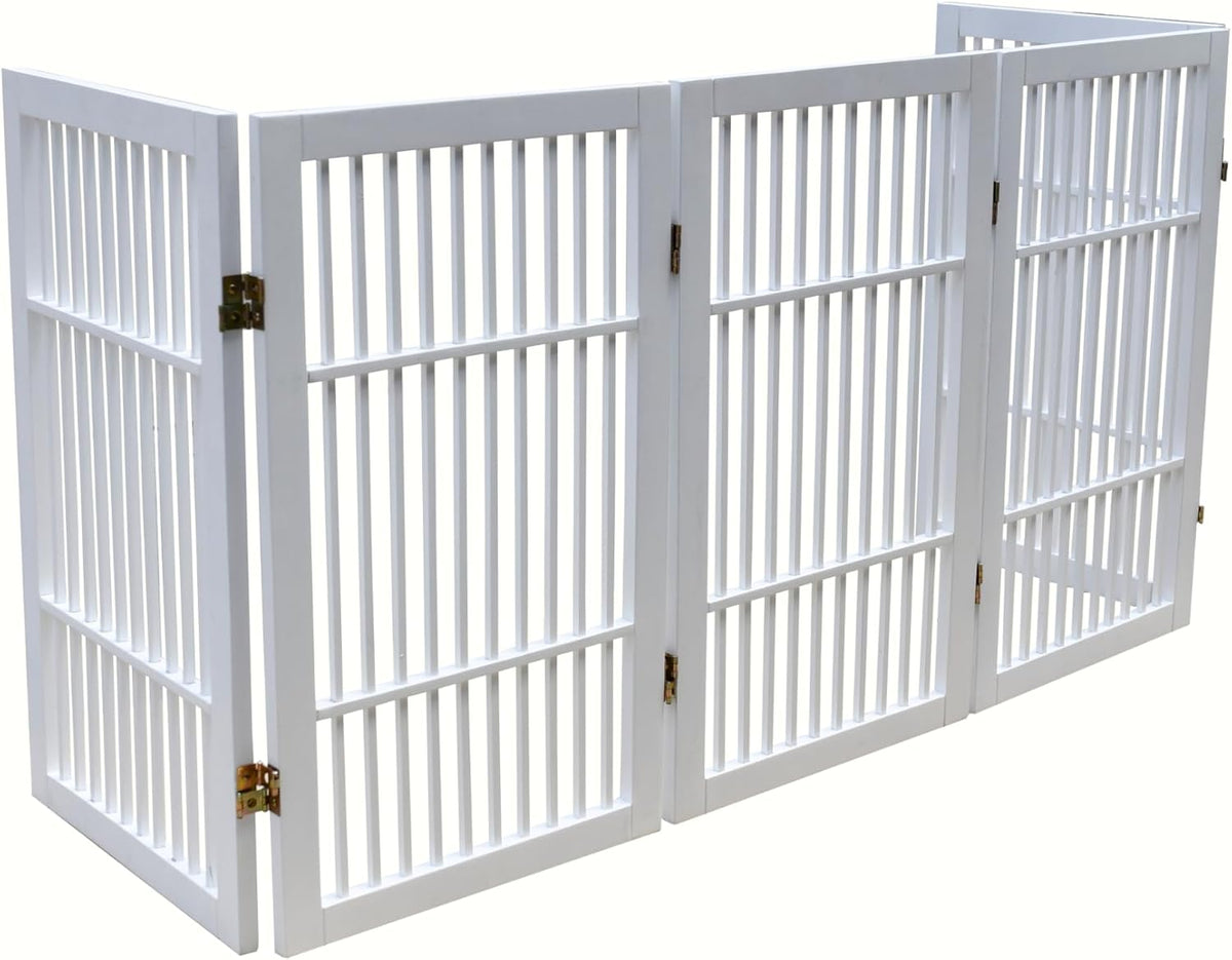 Freestanding Wooden Dog Gate Foldable Indoor Pet Gate No Drill Expandable Barrier for Doorways Stairs Hallways Portable Wood Fence for Small Dogs & Puppies (Brown Pet Gate, 4 Panel 24" Tall)