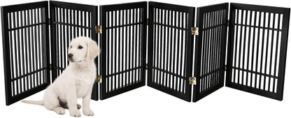 Freestanding Wooden Dog Gate Foldable Indoor Pet Gate No Drill Expandable Barrier for Doorways Stairs Hallways Portable Wood Fence for Small Dogs & Puppies (Brown Pet Gate, 4 Panel 24" Tall)