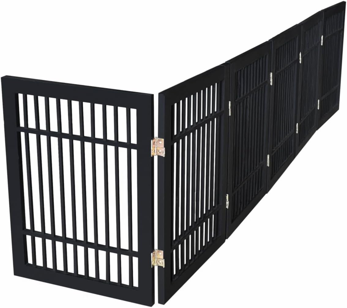 Freestanding Wooden Dog Gate Foldable Indoor Pet Gate No Drill Expandable Barrier for Doorways Stairs Hallways Portable Wood Fence for Small Dogs & Puppies (Brown Pet Gate, 4 Panel 24" Tall)
