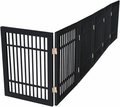 Freestanding Wooden Dog Gate Foldable Indoor Pet Gate No Drill Expandable Barrier for Doorways Stairs Hallways Portable Wood Fence for Small Dogs & Puppies (Brown Pet Gate, 4 Panel 24" Tall)