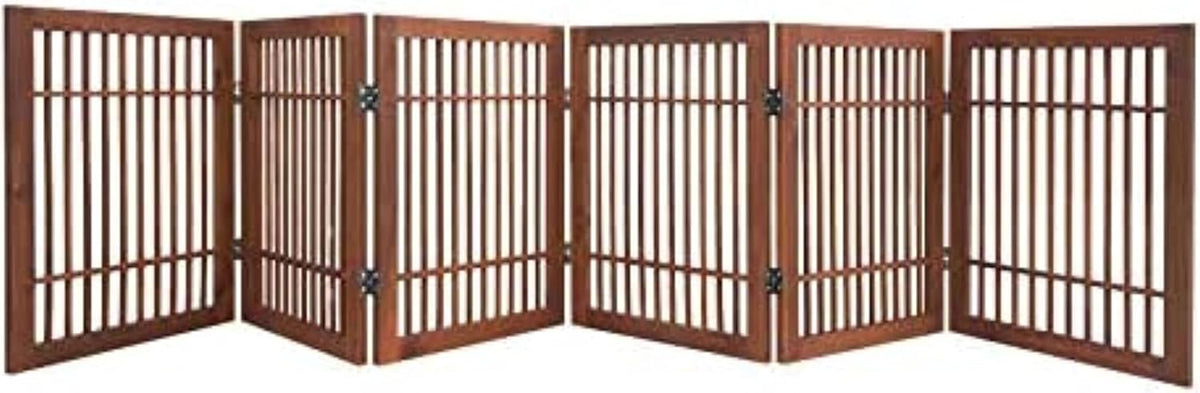 Freestanding Wooden Dog Gate Foldable Indoor Pet Gate No Drill Expandable Barrier for Doorways Stairs Hallways Portable Wood Fence for Small Dogs & Puppies (Brown Pet Gate, 4 Panel 24" Tall)