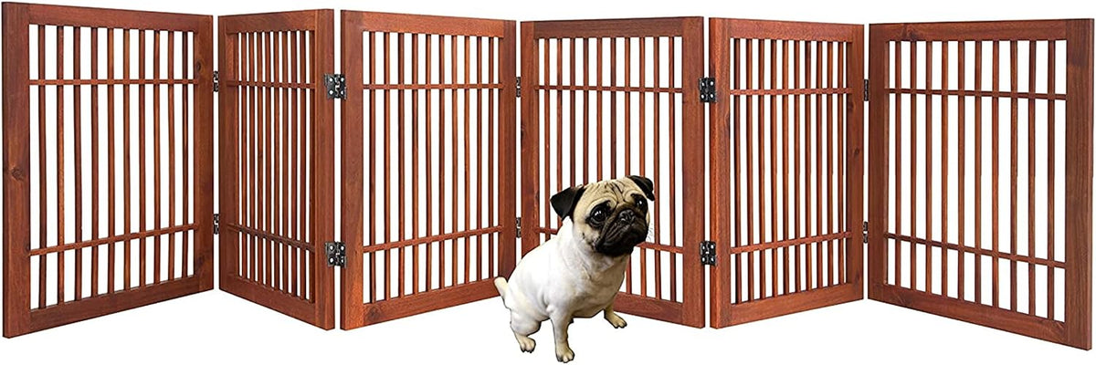 Freestanding Wooden Dog Gate Foldable Indoor Pet Gate No Drill Expandable Barrier for Doorways Stairs Hallways Portable Wood Fence for Small Dogs & Puppies (Brown Pet Gate, 4 Panel 24" Tall)