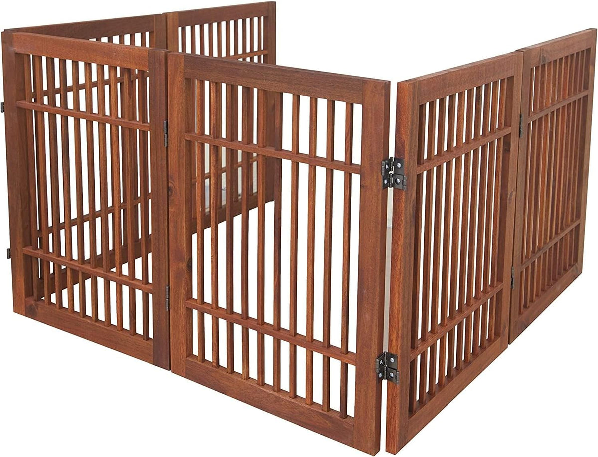 Freestanding Wooden Dog Gate Foldable Indoor Pet Gate No Drill Expandable Barrier for Doorways Stairs Hallways Portable Wood Fence for Small Dogs & Puppies (Brown Pet Gate, 4 Panel 24" Tall)