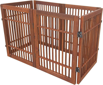 Freestanding Wooden Dog Gate Foldable Indoor Pet Gate No Drill Expandable Barrier for Doorways Stairs Hallways Portable Wood Fence for Small Dogs & Puppies (Brown Pet Gate, 4 Panel 24" Tall)