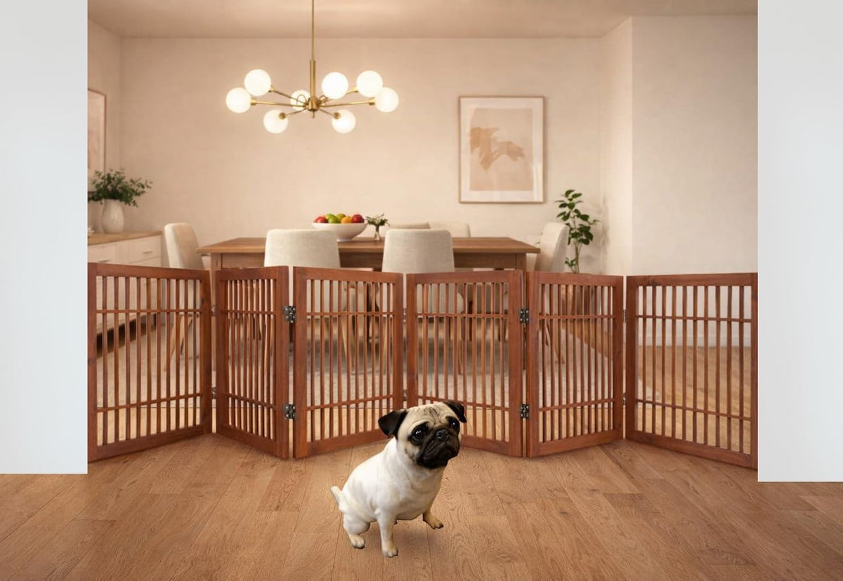 Freestanding Wooden Dog Gate Foldable Indoor Pet Gate No Drill Expandable Barrier for Doorways Stairs Hallways Portable Wood Fence for Small Dogs & Puppies (Brown Pet Gate, 4 Panel 24" Tall)