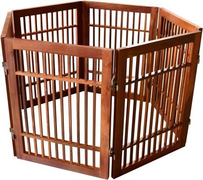 Freestanding Wooden Dog Gate Foldable Indoor Pet Gate No Drill Expandable Barrier for Doorways Stairs Hallways Portable Wood Fence for Small Dogs & Puppies (Brown Pet Gate, 4 Panel 24" Tall)