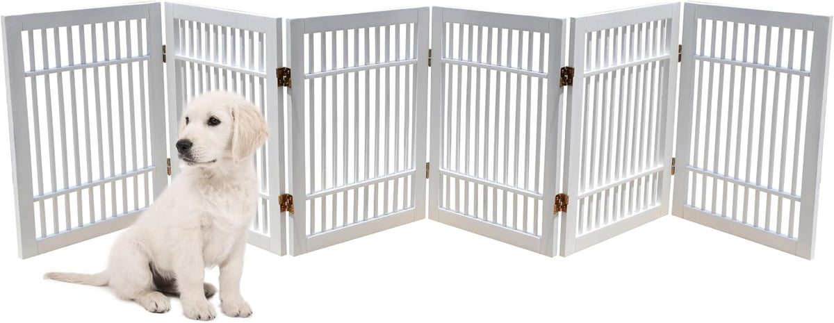 Freestanding Wooden Dog Gate Foldable Indoor Pet Gate No Drill Expandable Barrier for Doorways Stairs Hallways Portable Wood Fence for Small Dogs & Puppies (Brown Pet Gate, 4 Panel 24" Tall)