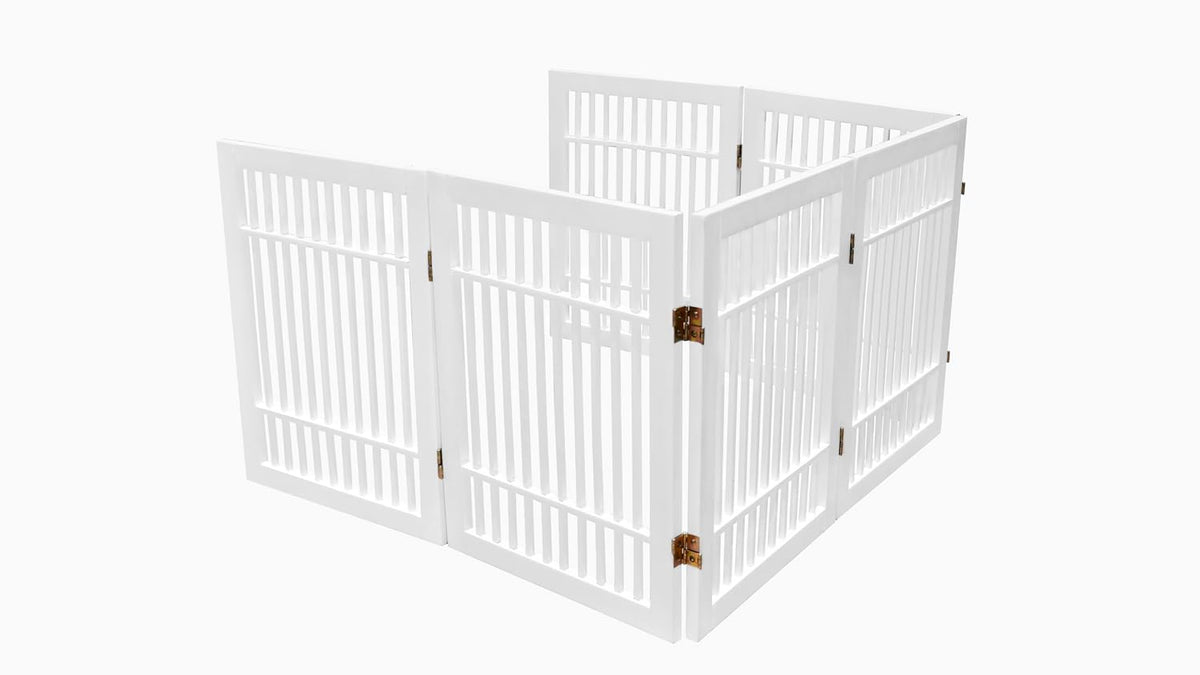 Freestanding Wooden Dog Gate Foldable Indoor Pet Gate No Drill Expandable Barrier for Doorways Stairs Hallways Portable Wood Fence for Small Dogs & Puppies (Brown Pet Gate, 4 Panel 24" Tall)