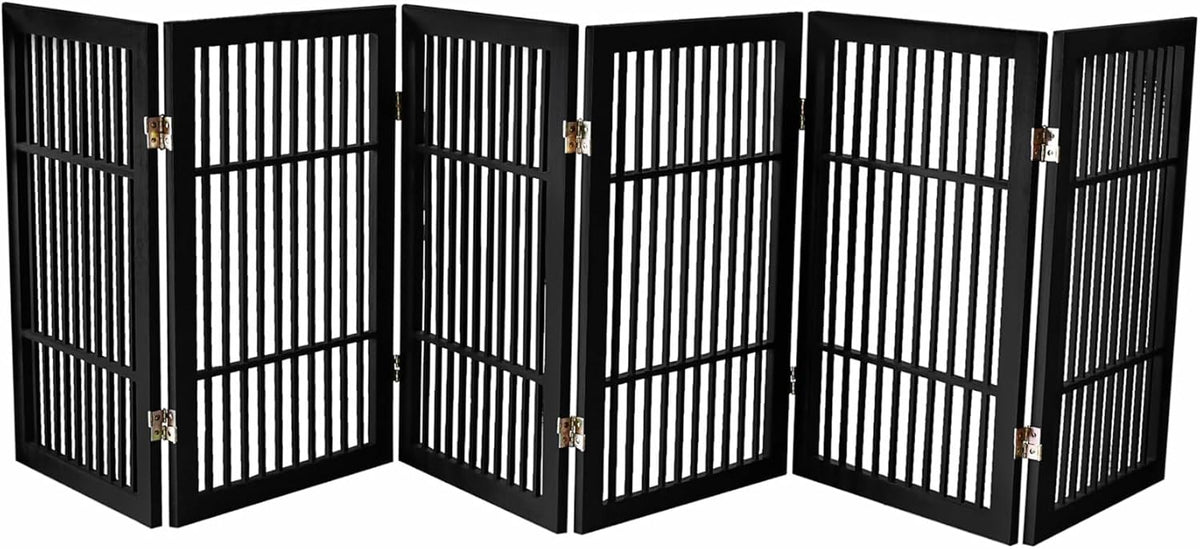 Freestanding Wooden Dog Gate Foldable Indoor Pet Gate No Drill Expandable Barrier for Doorways Stairs Hallways Portable Wood Fence for Small Dogs & Puppies (Brown Pet Gate, 4 Panel 24" Tall)
