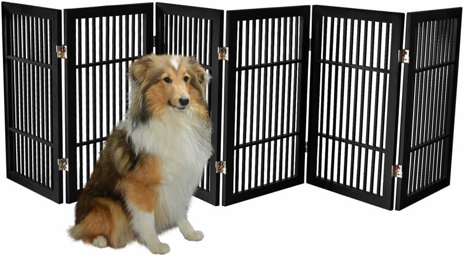 Freestanding Wooden Dog Gate Foldable Indoor Pet Gate No Drill Expandable Barrier for Doorways Stairs Hallways Portable Wood Fence for Small Dogs & Puppies (Brown Pet Gate, 4 Panel 24" Tall)