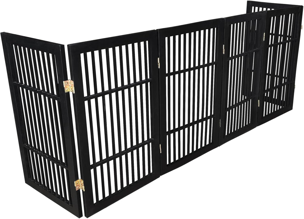 Freestanding Wooden Dog Gate Foldable Indoor Pet Gate No Drill Expandable Barrier for Doorways Stairs Hallways Portable Wood Fence for Small Dogs & Puppies (Brown Pet Gate, 4 Panel 24" Tall)
