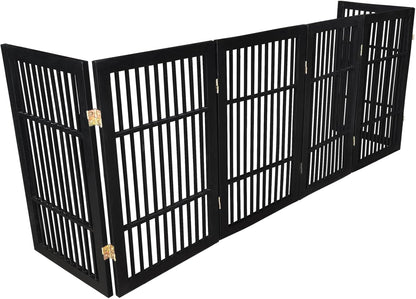 Freestanding Wooden Dog Gate Foldable Indoor Pet Gate No Drill Expandable Barrier for Doorways Stairs Hallways Portable Wood Fence for Small Dogs & Puppies (Brown Pet Gate, 4 Panel 24" Tall)