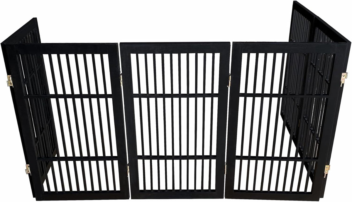 Freestanding Wooden Dog Gate Foldable Indoor Pet Gate No Drill Expandable Barrier for Doorways Stairs Hallways Portable Wood Fence for Small Dogs & Puppies (Brown Pet Gate, 4 Panel 24" Tall)