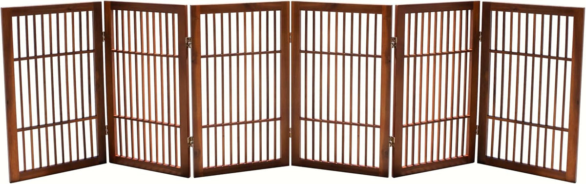 Freestanding Wooden Dog Gate Foldable Indoor Pet Gate No Drill Expandable Barrier for Doorways Stairs Hallways Portable Wood Fence for Small Dogs & Puppies (Brown Pet Gate, 4 Panel 24" Tall)