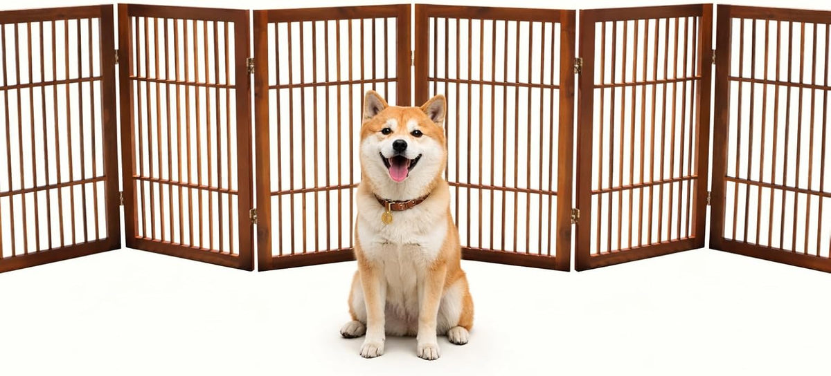 Freestanding Wooden Dog Gate Foldable Indoor Pet Gate No Drill Expandable Barrier for Doorways Stairs Hallways Portable Wood Fence for Small Dogs & Puppies (Brown Pet Gate, 4 Panel 24" Tall)