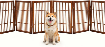 Freestanding Wooden Dog Gate Foldable Indoor Pet Gate No Drill Expandable Barrier for Doorways Stairs Hallways Portable Wood Fence for Small Dogs & Puppies (Brown Pet Gate, 4 Panel 24" Tall)