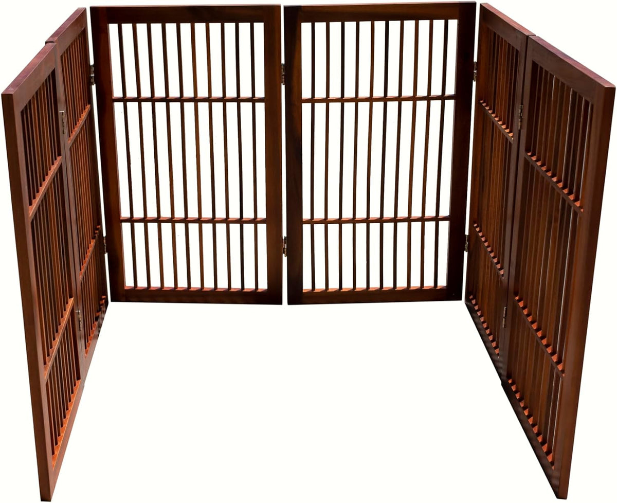 Freestanding Wooden Dog Gate Foldable Indoor Pet Gate No Drill Expandable Barrier for Doorways Stairs Hallways Portable Wood Fence for Small Dogs & Puppies (Brown Pet Gate, 4 Panel 24" Tall)