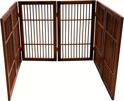 Freestanding Wooden Dog Gate Foldable Indoor Pet Gate No Drill Expandable Barrier for Doorways Stairs Hallways Portable Wood Fence for Small Dogs & Puppies (Brown Pet Gate, 4 Panel 24" Tall)