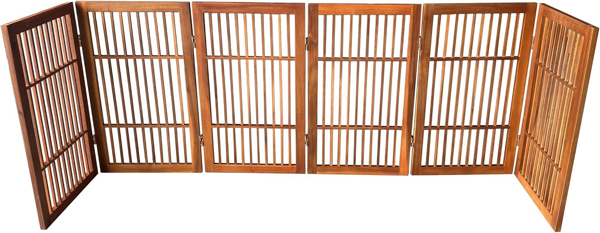 Freestanding Wooden Dog Gate Foldable Indoor Pet Gate No Drill Expandable Barrier for Doorways Stairs Hallways Portable Wood Fence for Small Dogs & Puppies (Brown Pet Gate, 4 Panel 24" Tall)