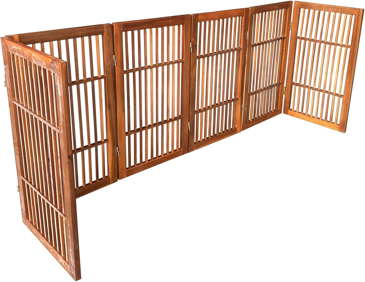 Freestanding Wooden Dog Gate Foldable Indoor Pet Gate No Drill Expandable Barrier for Doorways Stairs Hallways Portable Wood Fence for Small Dogs & Puppies (Brown Pet Gate, 4 Panel 24" Tall)