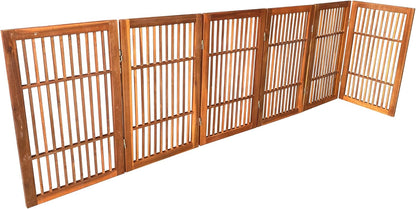 Freestanding Wooden Dog Gate Foldable Indoor Pet Gate No Drill Expandable Barrier for Doorways Stairs Hallways Portable Wood Fence for Small Dogs & Puppies (Brown Pet Gate, 4 Panel 24" Tall)