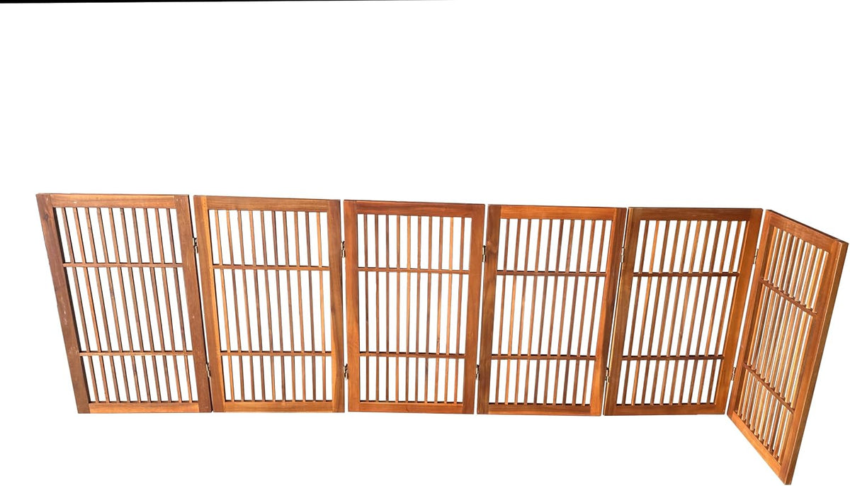 Freestanding Wooden Dog Gate Foldable Indoor Pet Gate No Drill Expandable Barrier for Doorways Stairs Hallways Portable Wood Fence for Small Dogs & Puppies (Brown Pet Gate, 4 Panel 24" Tall)