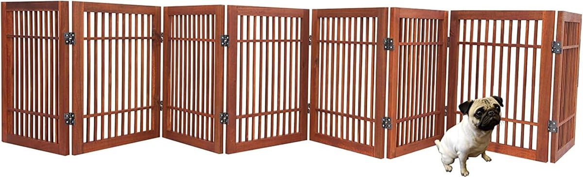 Freestanding Wooden Dog Gate Foldable Indoor Pet Gate No Drill Expandable Barrier for Doorways Stairs Hallways Portable Wood Fence for Small Dogs & Puppies (Brown Pet Gate, 4 Panel 24" Tall)