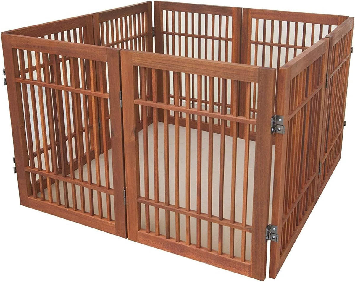 Freestanding Wooden Dog Gate Foldable Indoor Pet Gate No Drill Expandable Barrier for Doorways Stairs Hallways Portable Wood Fence for Small Dogs & Puppies (Brown Pet Gate, 4 Panel 24" Tall)