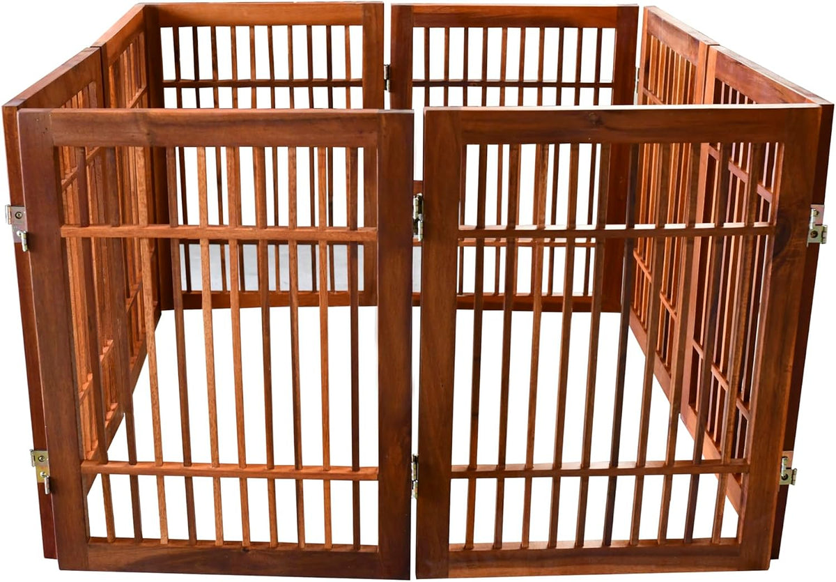 Freestanding Wooden Dog Gate Foldable Indoor Pet Gate No Drill Expandable Barrier for Doorways Stairs Hallways Portable Wood Fence for Small Dogs & Puppies (Brown Pet Gate, 4 Panel 24" Tall)