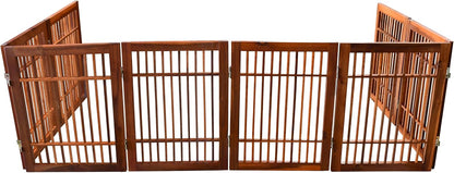 Freestanding Wooden Dog Gate Foldable Indoor Pet Gate No Drill Expandable Barrier for Doorways Stairs Hallways Portable Wood Fence for Small Dogs & Puppies (Brown Pet Gate, 4 Panel 24" Tall)