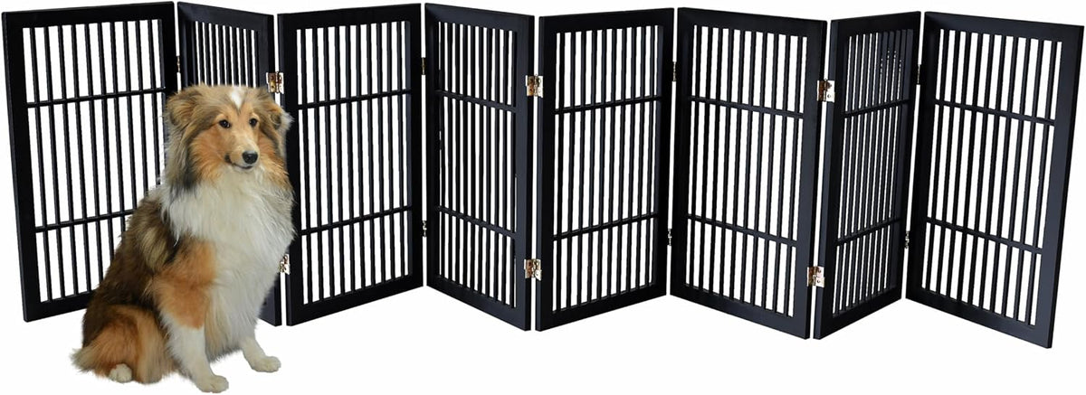 Freestanding Wooden Dog Gate Foldable Indoor Pet Gate No Drill Expandable Barrier for Doorways Stairs Hallways Portable Wood Fence for Small Dogs & Puppies (Brown Pet Gate, 4 Panel 24" Tall)