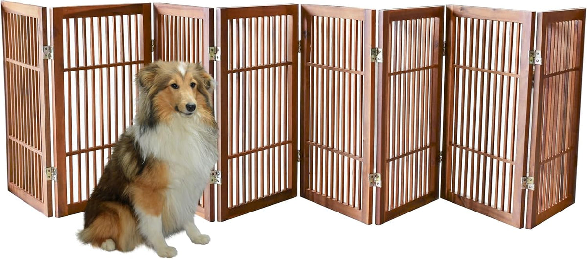 Freestanding Wooden Dog Gate Foldable Indoor Pet Gate No Drill Expandable Barrier for Doorways Stairs Hallways Portable Wood Fence for Small Dogs & Puppies (Brown Pet Gate, 4 Panel 24" Tall)