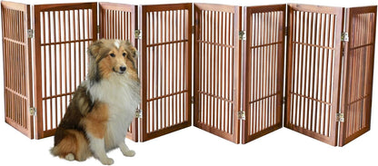 Freestanding Wooden Dog Gate Foldable Indoor Pet Gate No Drill Expandable Barrier for Doorways Stairs Hallways Portable Wood Fence for Small Dogs & Puppies (Brown Pet Gate, 4 Panel 24" Tall)