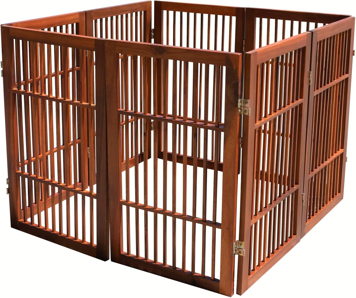 Freestanding Wooden Dog Gate Foldable Indoor Pet Gate No Drill Expandable Barrier for Doorways Stairs Hallways Portable Wood Fence for Small Dogs & Puppies (Brown Pet Gate, 4 Panel 24" Tall)