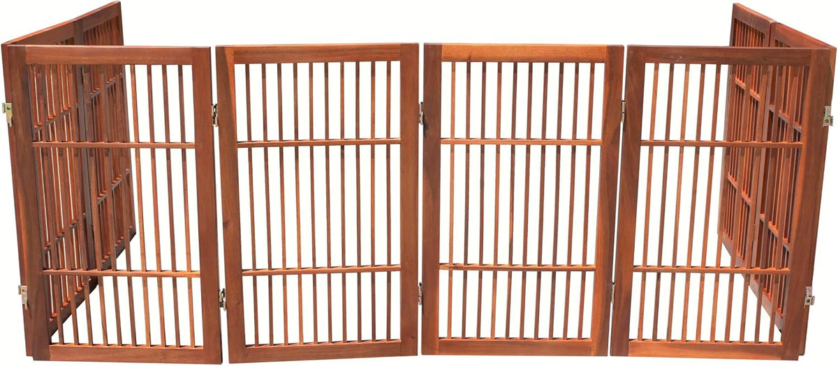 Freestanding Wooden Dog Gate Foldable Indoor Pet Gate No Drill Expandable Barrier for Doorways Stairs Hallways Portable Wood Fence for Small Dogs & Puppies (Brown Pet Gate, 4 Panel 24" Tall)