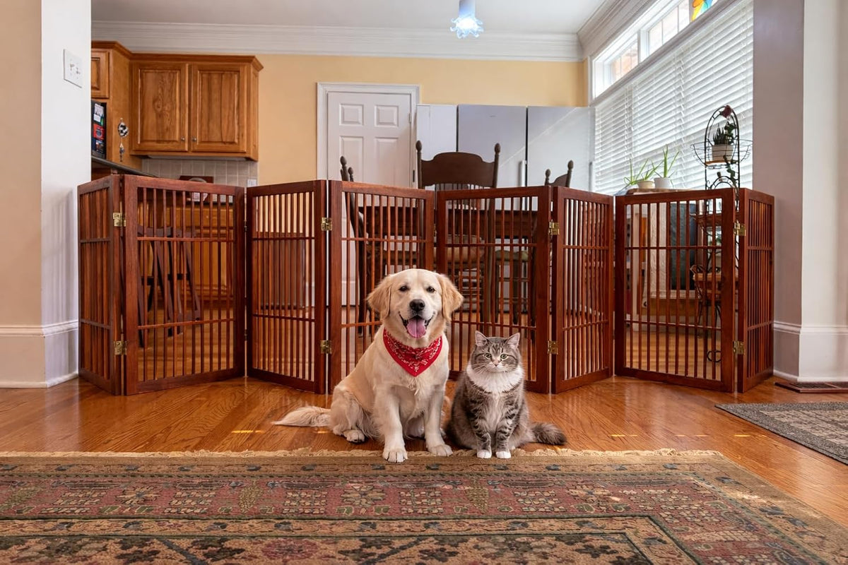 Freestanding Wooden Dog Gate Foldable Indoor Pet Gate No Drill Expandable Barrier for Doorways Stairs Hallways Portable Wood Fence for Small Dogs & Puppies (Brown Pet Gate, 4 Panel 24" Tall)