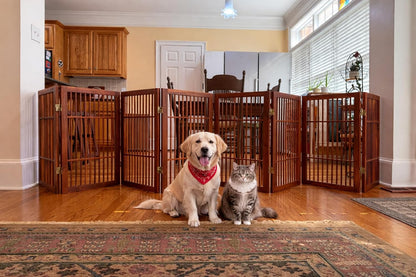 Freestanding Wooden Dog Gate Foldable Indoor Pet Gate No Drill Expandable Barrier for Doorways Stairs Hallways Portable Wood Fence for Small Dogs & Puppies (Brown Pet Gate, 4 Panel 24" Tall)