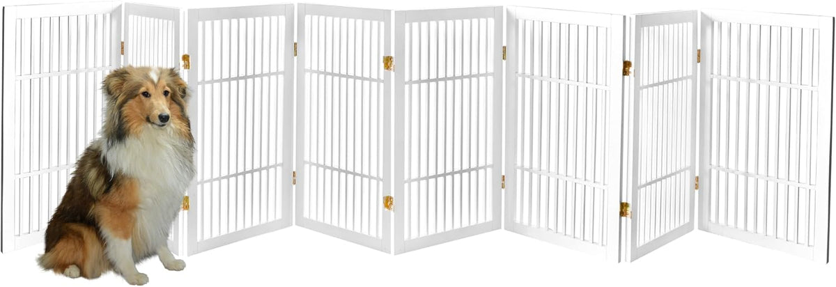 Freestanding Wooden Dog Gate Foldable Indoor Pet Gate No Drill Expandable Barrier for Doorways Stairs Hallways Portable Wood Fence for Small Dogs & Puppies (Brown Pet Gate, 4 Panel 24" Tall)