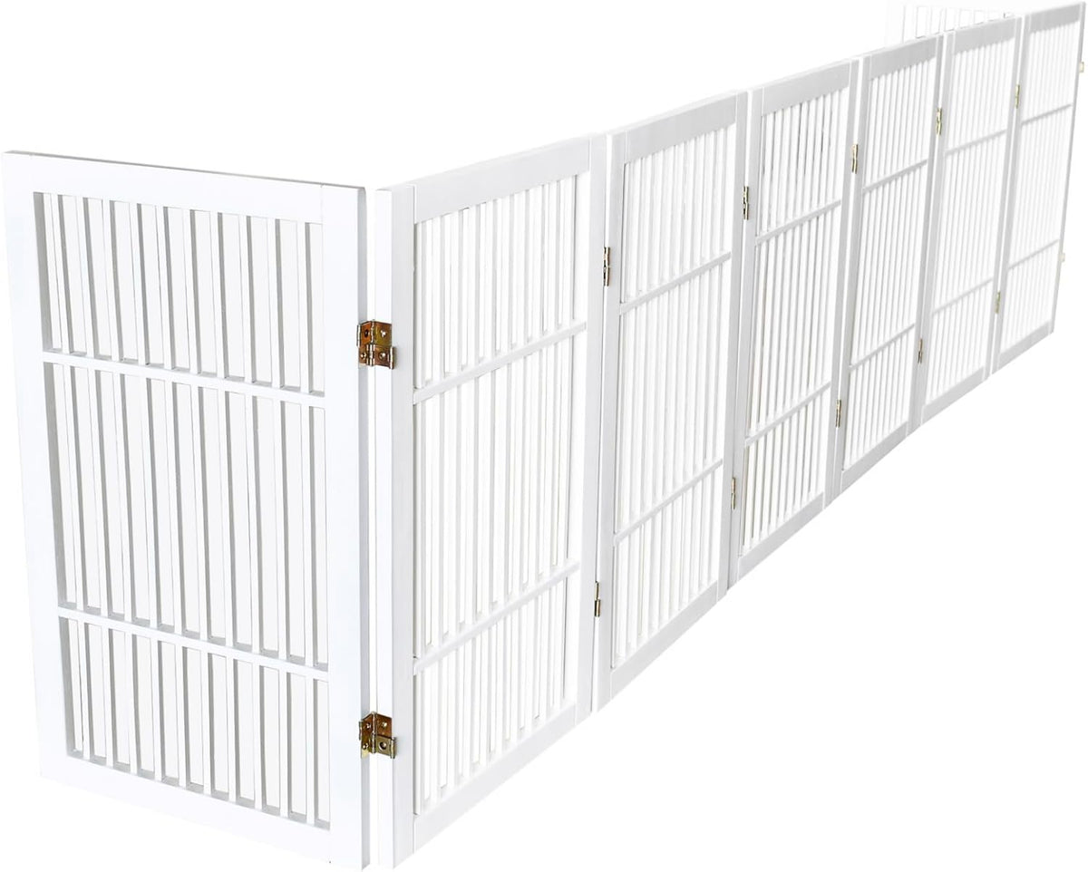 Freestanding Wooden Dog Gate Foldable Indoor Pet Gate No Drill Expandable Barrier for Doorways Stairs Hallways Portable Wood Fence for Small Dogs & Puppies (Brown Pet Gate, 4 Panel 24" Tall)