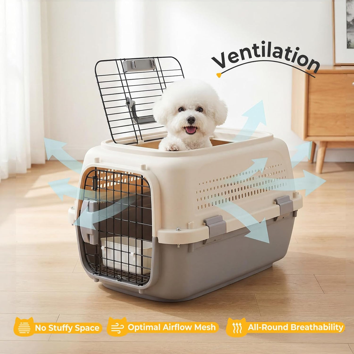23" Hard-Sided Dog Carrier, Plastic Cat & Dog Crate, 4-Sided Ventilation Travel Pet Kennel, Top & Front Door Access, Integrated Food Bowl, for Small Pets up to 22 lbs, Beige & Grey