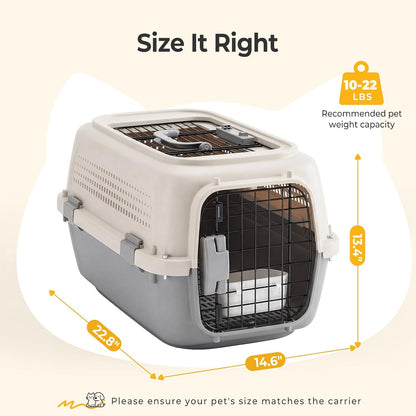 23" Hard-Sided Dog Carrier, Plastic Cat & Dog Crate, 4-Sided Ventilation Travel Pet Kennel, Top & Front Door Access, Integrated Food Bowl, for Small Pets up to 22 lbs, Beige & Grey