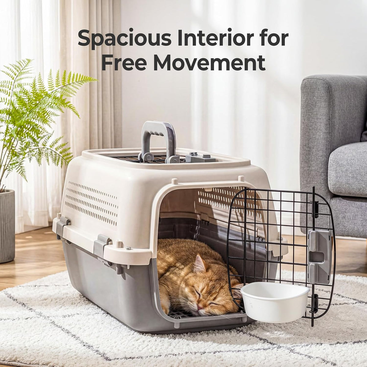 23" Hard-Sided Dog Carrier, Plastic Cat & Dog Crate, 4-Sided Ventilation Travel Pet Kennel, Top & Front Door Access, Integrated Food Bowl, for Small Pets up to 22 lbs, Beige & Grey