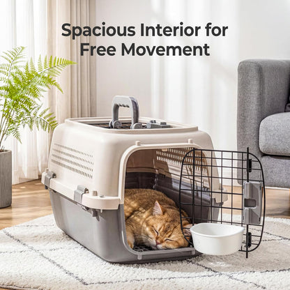 23" Hard-Sided Dog Carrier, Plastic Cat & Dog Crate, 4-Sided Ventilation Travel Pet Kennel, Top & Front Door Access, Integrated Food Bowl, for Small Pets up to 22 lbs, Beige & Grey