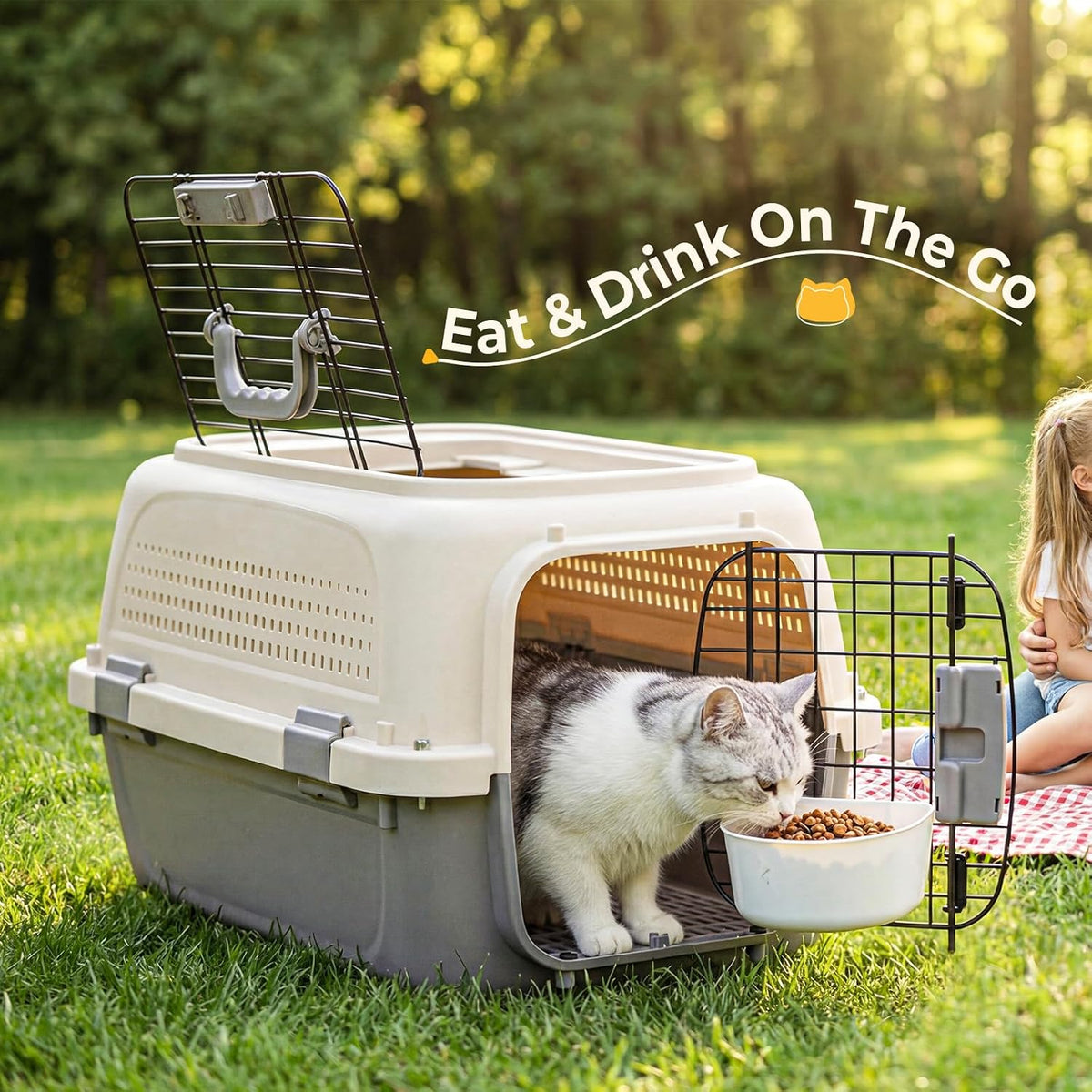 23" Hard-Sided Dog Carrier, Plastic Cat & Dog Crate, 4-Sided Ventilation Travel Pet Kennel, Top & Front Door Access, Integrated Food Bowl, for Small Pets up to 22 lbs, Beige & Grey