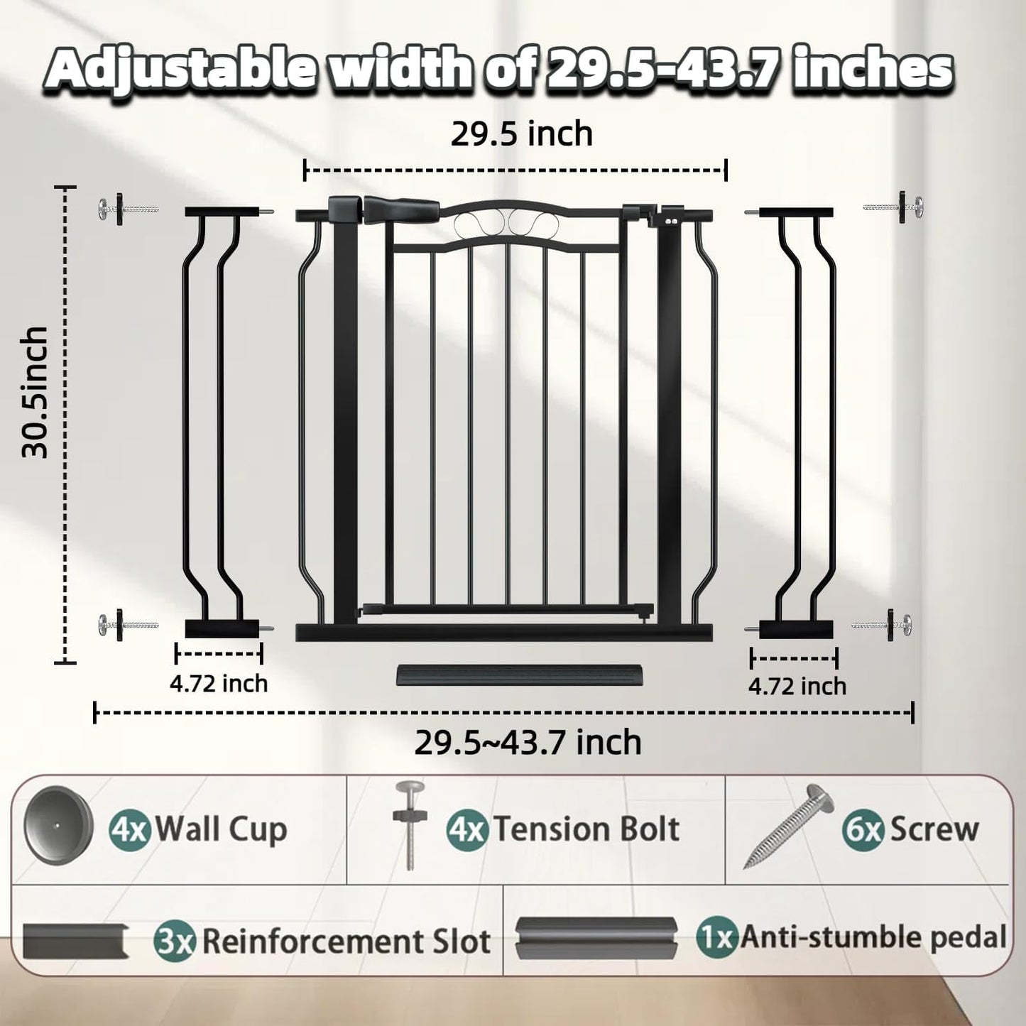 62.5"-71.6" Extra Wide Baby Gate & Dog Gate,Pressure Mounted No Drilling Pet Gate for Doorways & Large Openings, with Walk-Through, Auto-Close & Dual-Direction Swing, Black