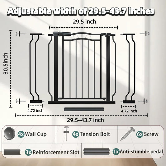 62.5"-71.6" Extra Wide Baby Gate & Dog Gate,Pressure Mounted No Drilling Pet Gate for Doorways & Large Openings, with Walk-Through, Auto-Close & Dual-Direction Swing, Black