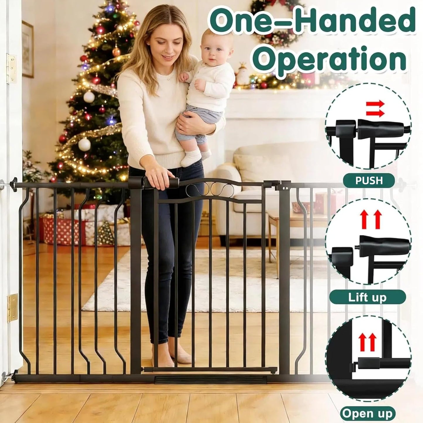 62.5"-71.6" Extra Wide Baby Gate & Dog Gate,Pressure Mounted No Drilling Pet Gate for Doorways & Large Openings, with Walk-Through, Auto-Close & Dual-Direction Swing, Black